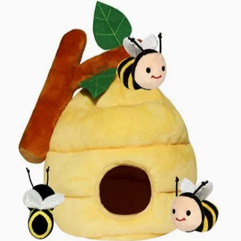 Juguete de peluche interactivo con forma de colmena para perros pequeños: un lindo juguete para cachorros que esconde una abeja.